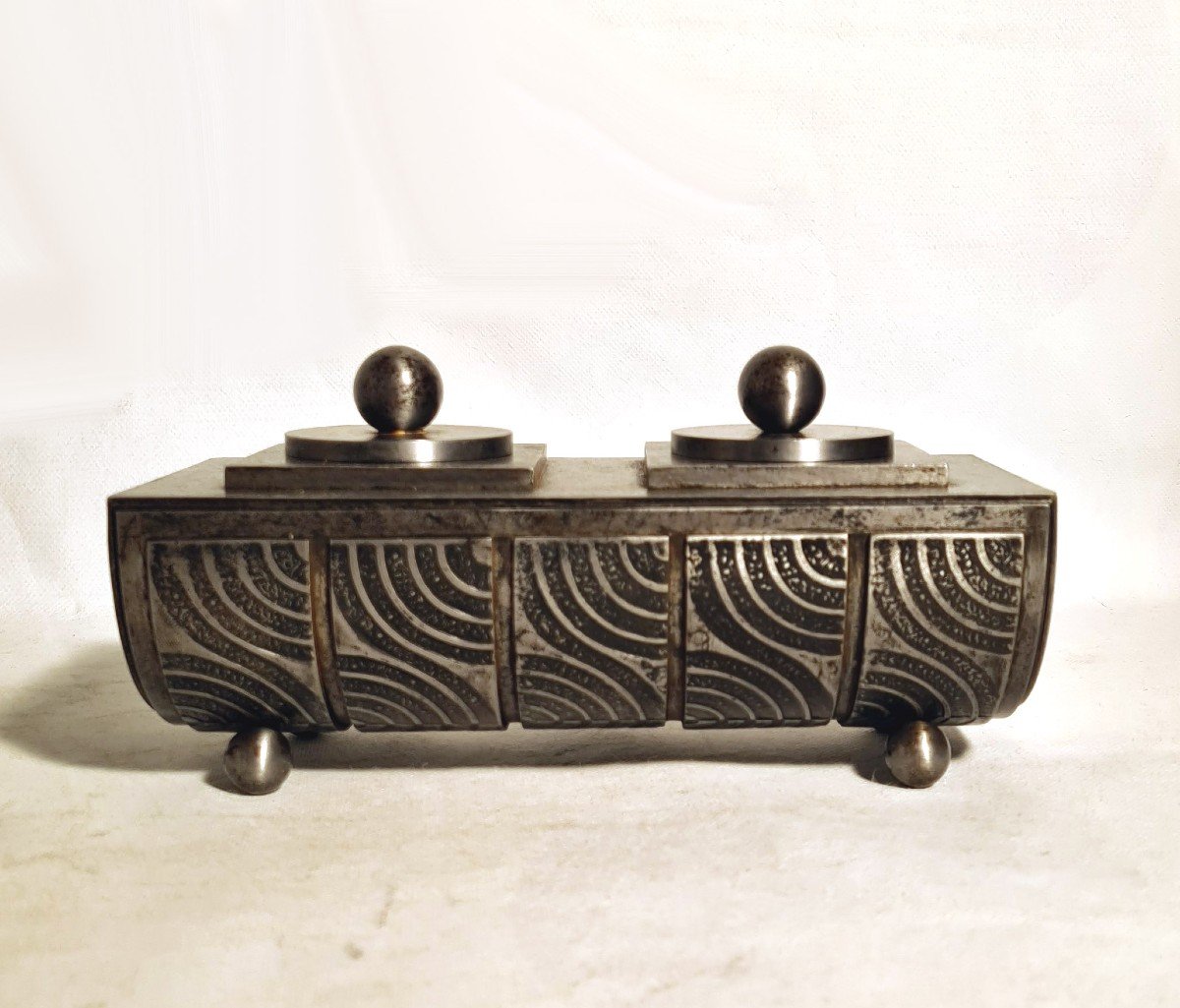 Edgar Brandt (1880-1960) Art Deco Inkwell In Patinated Wrought Iron-photo-3