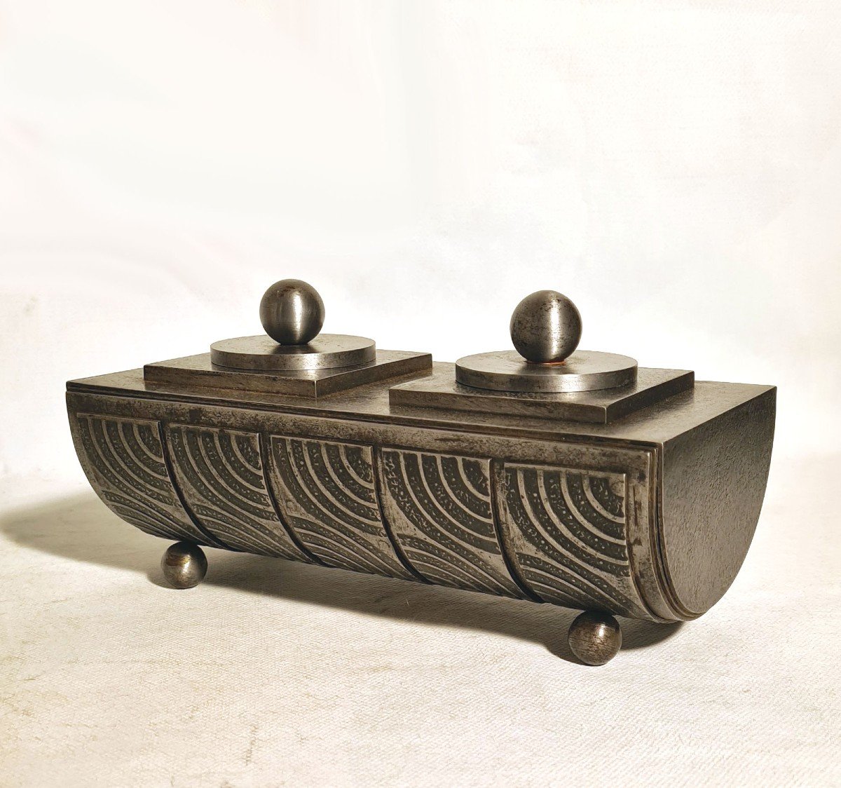 Edgar Brandt (1880-1960) Art Deco Inkwell In Patinated Wrought Iron