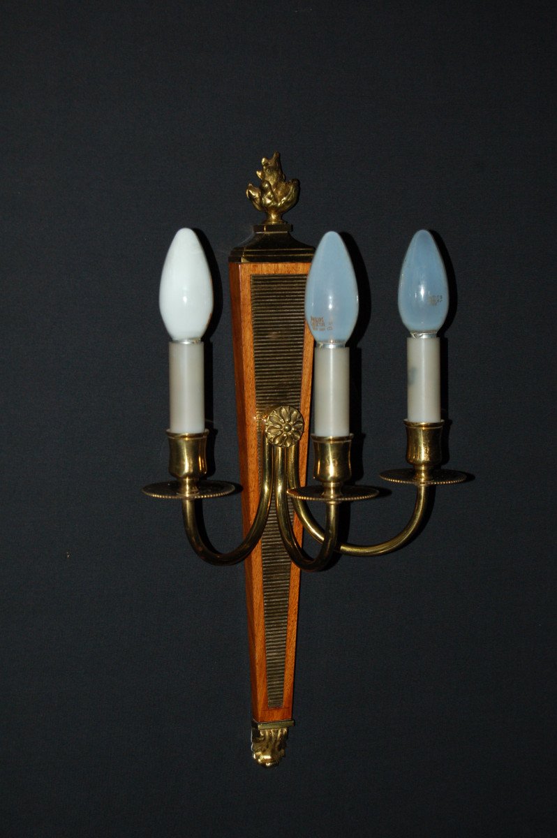 Pair Of Wall Lights In Golden Brass And Mahogany Attr André Arbus-photo-2