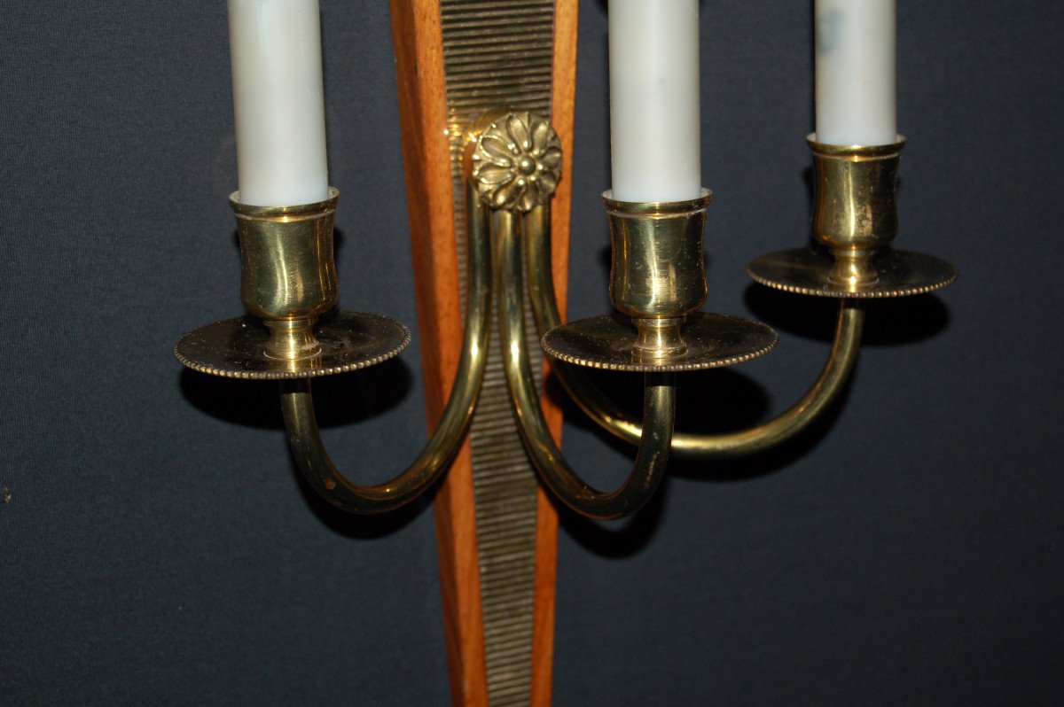 Pair Of Wall Lights In Golden Brass And Mahogany Attr André Arbus-photo-2