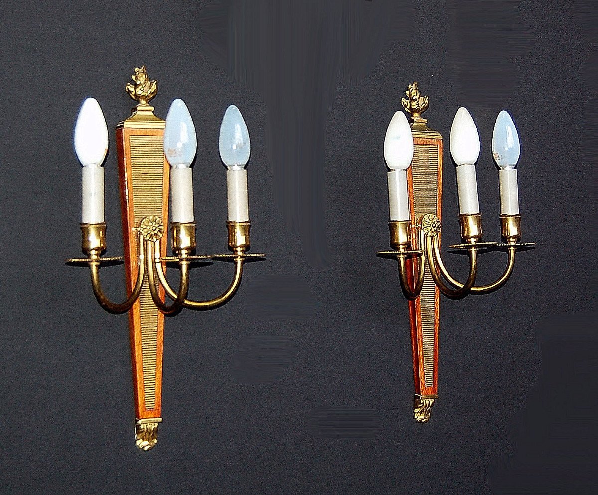 Pair Of Wall Lights In Golden Brass And Mahogany Attr André Arbus