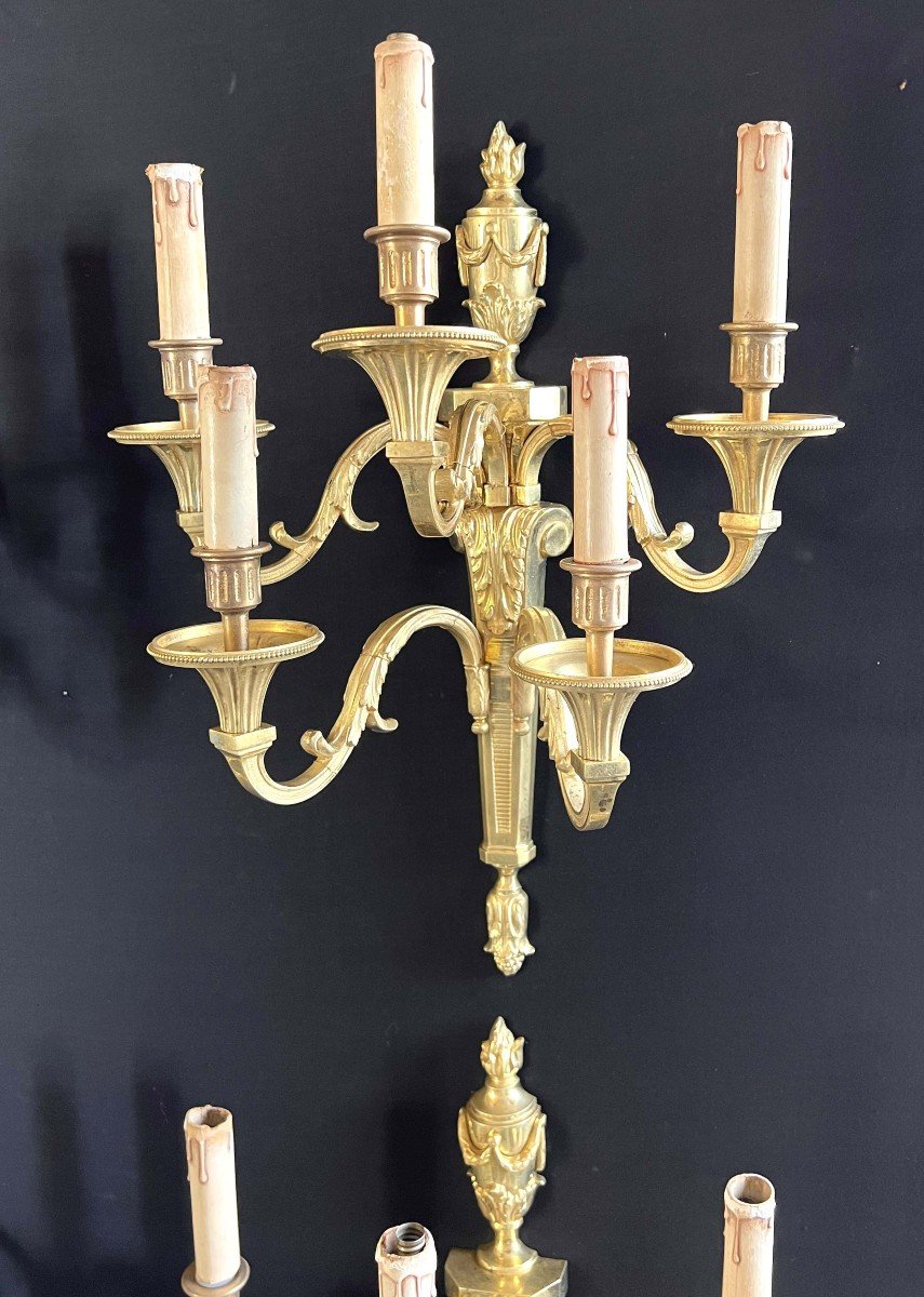  4 Grandes Appliques à 5 Lumières En Bronze Doré Par Lucien Gau  Louis XVI-photo-3