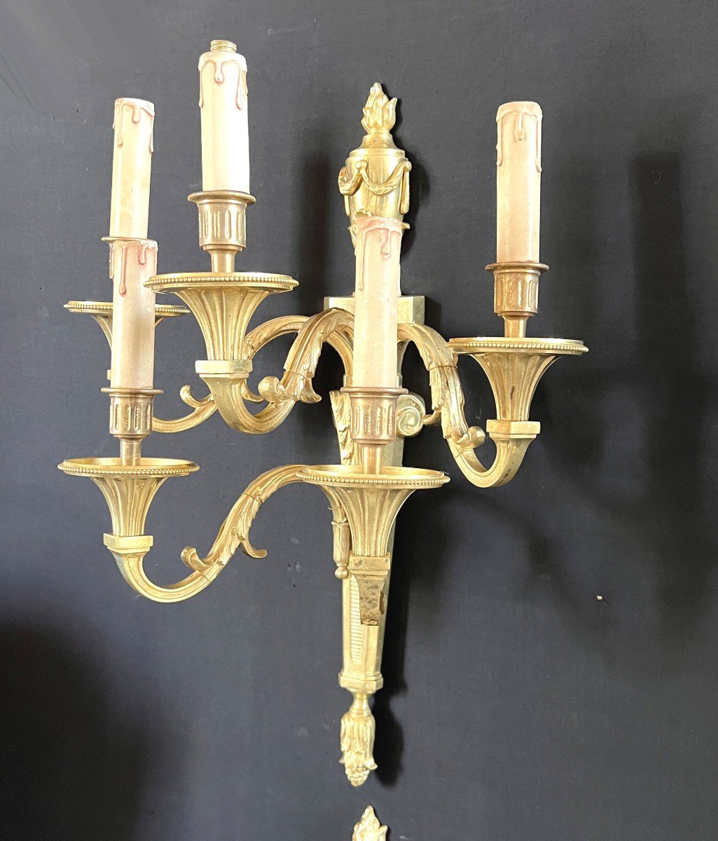  4 Grandes Appliques à 5 Lumières En Bronze Doré Par Lucien Gau  Louis XVI-photo-4