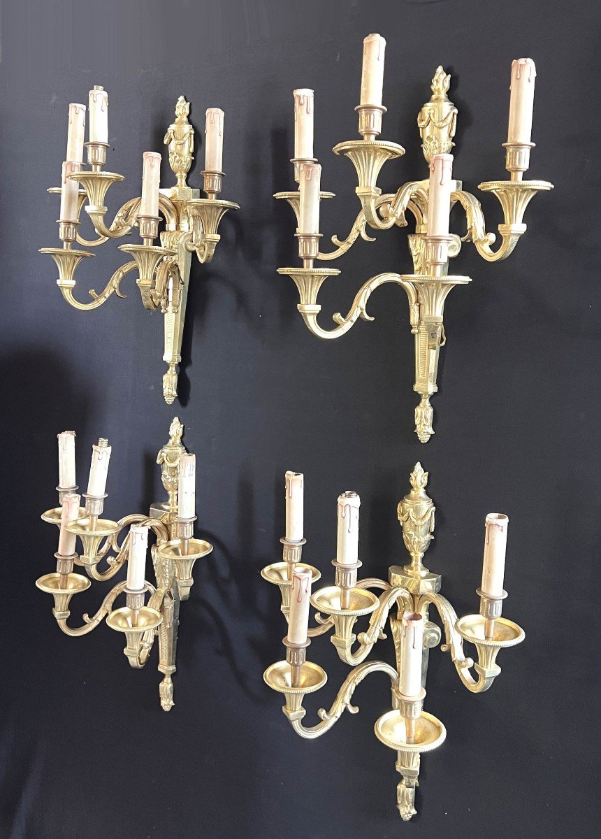  4 Grandes Appliques à 5 Lumières En Bronze Doré Par Lucien Gau  Louis XVI-photo-7