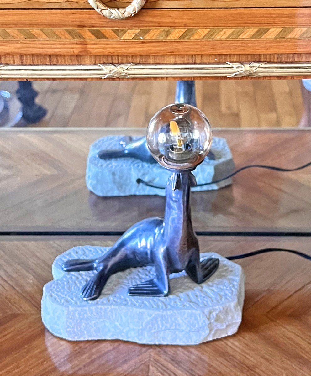 Art Deco Silver Bronze Sea Lion Lamp-photo-2