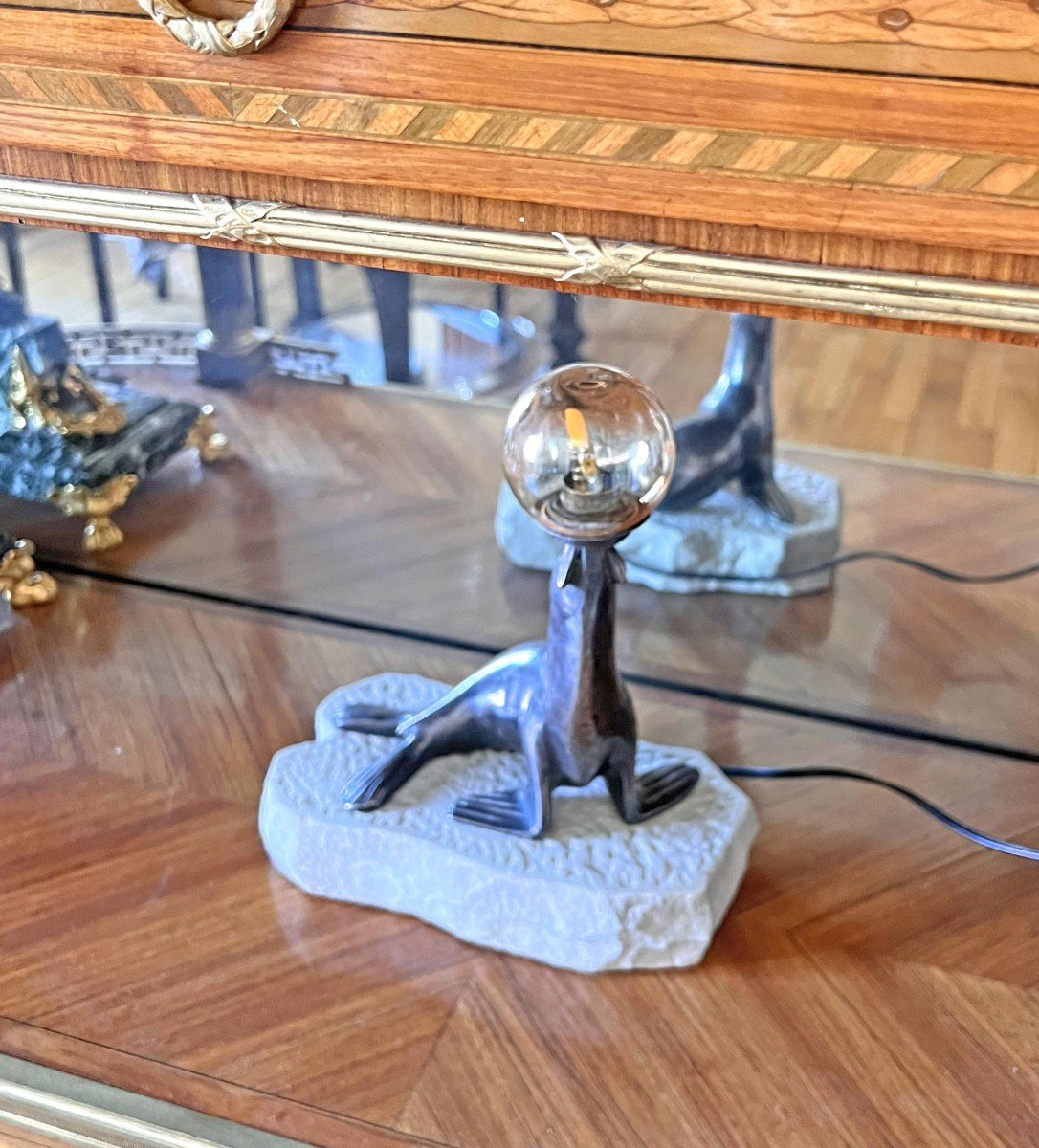 Lampe Otarie Bronze Argenté Art Deco-photo-3