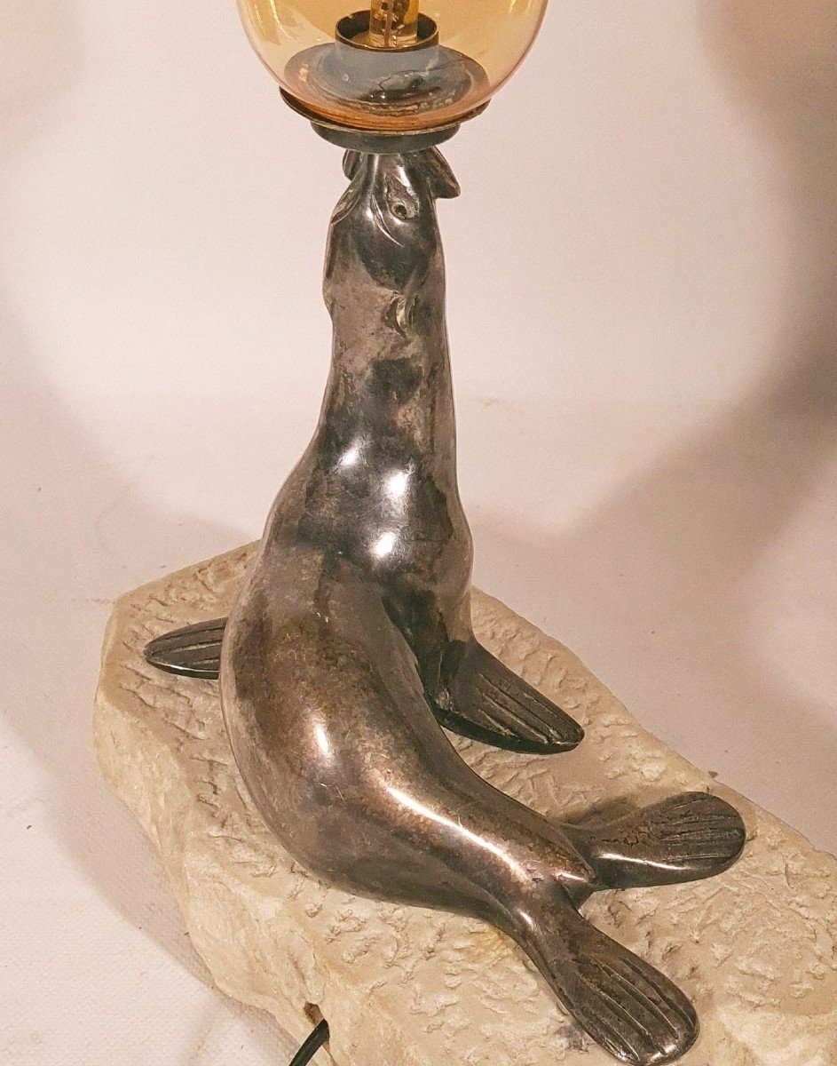 Art Deco Silver Bronze Sea Lion Lamp-photo-1