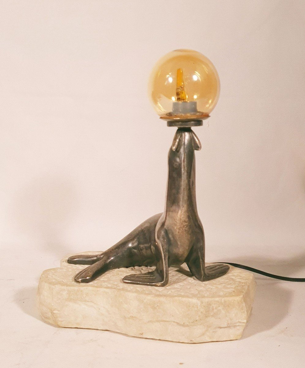 Art Deco Silver Bronze Sea Lion Lamp-photo-2