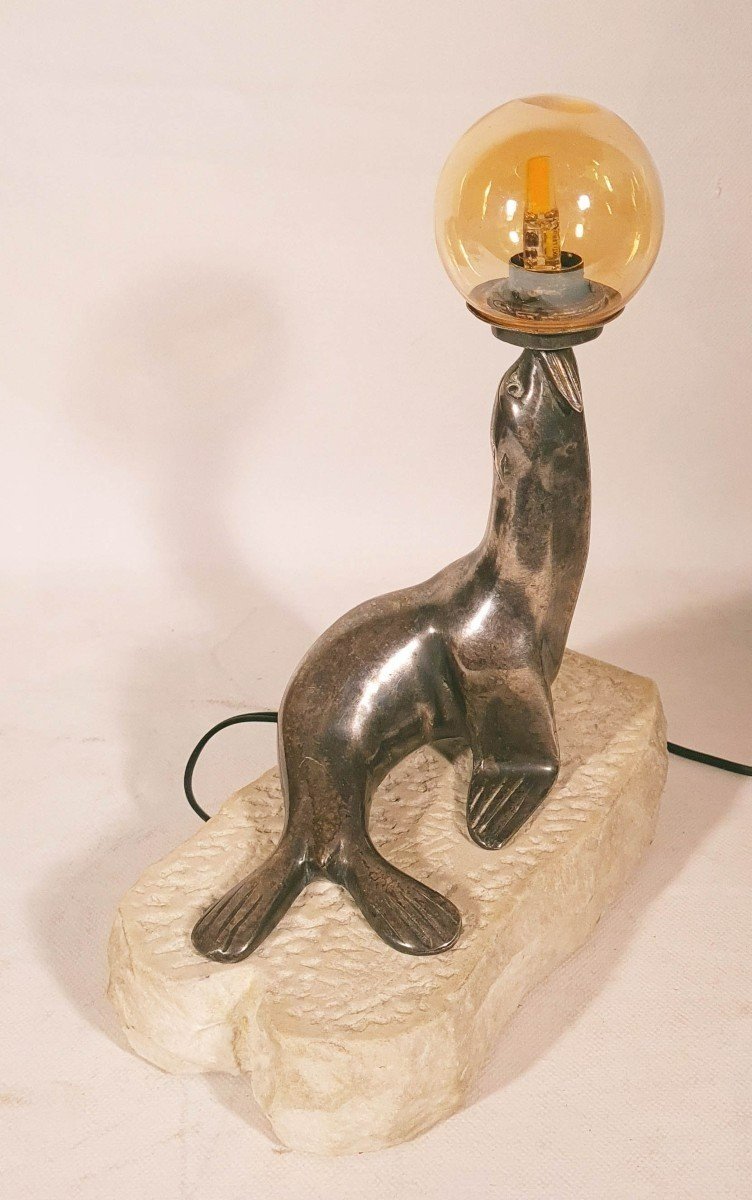 Art Deco Silver Bronze Sea Lion Lamp-photo-3