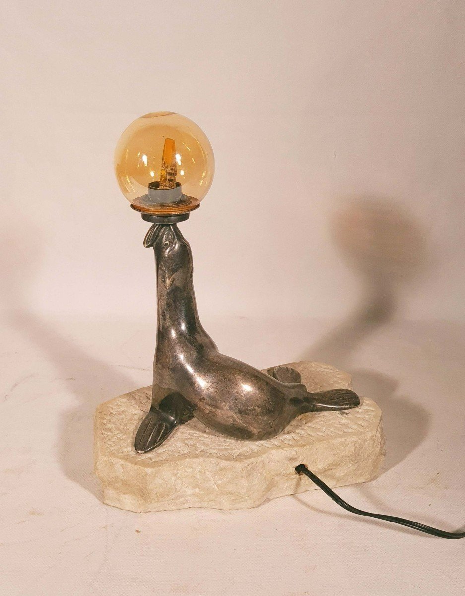 Art Deco Silver Bronze Sea Lion Lamp-photo-5