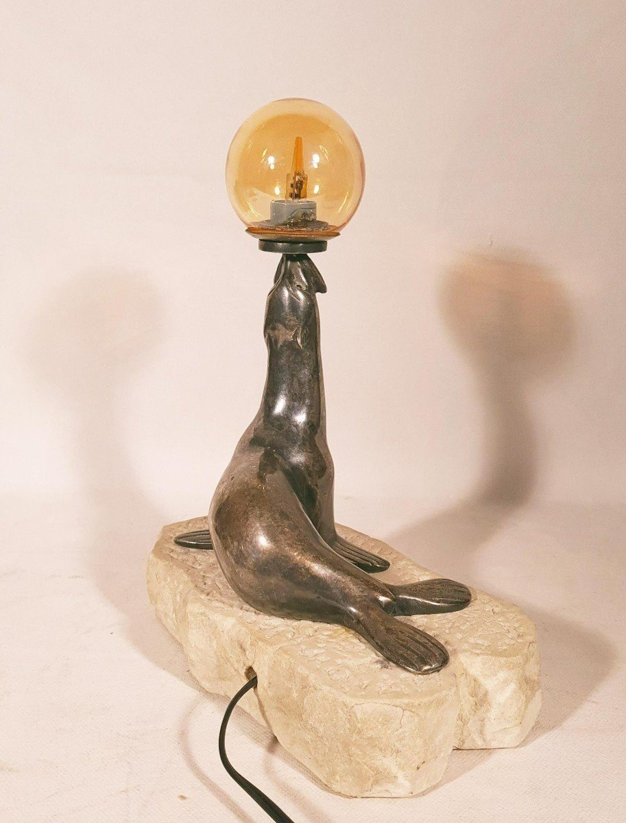 Art Deco Silver Bronze Sea Lion Lamp-photo-6