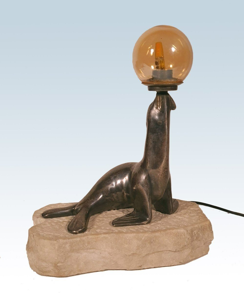 Art Deco Silver Bronze Sea Lion Lamp