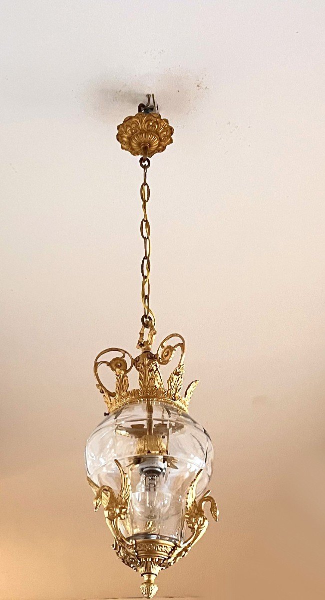 Cut Glass And Gilt Bronze Lantern "with Crown And Swans"-photo-1