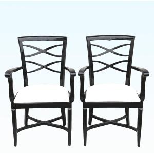 Baptistin Spade (1891-1969) Pair Of Armchairs In Black Lacquer And Ivory Leather