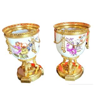 Petits Vases Porcelaine Meissen D&eacute;but XIXe Monture Bronze Dor&eacute; Sign&eacute;e Boin-taburet Paris