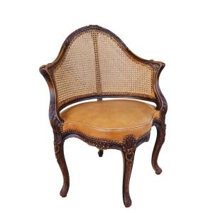 Large Louis XV Office Armchair, Caned Carved Beech And Leather Upholstered