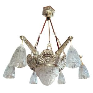 Large Art Deco Chandelier With 7 Lights In Chromed Metal And Frosted Glass