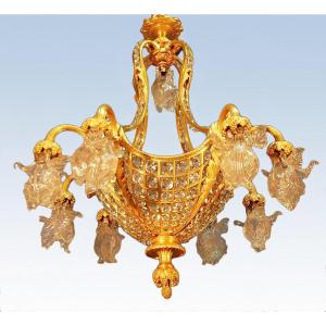 Important Chandelier In Gilt Bronze And Crystal With 13 Lights