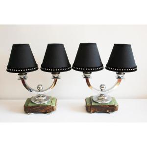 Pair Of Art Deco Onyx Candélabres In Chromed Brass