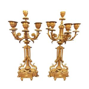 Pair Of Candelabra In Gilt And Chiseled Bronze 19th Century St Louis XVI