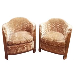Pair Of Art Deco Armchairs And Low Chairs 1930 In Mahogany