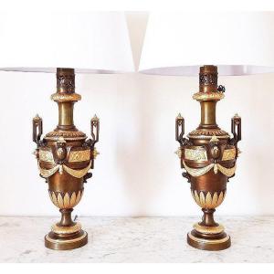 Important Pair Of Antique Lamps, Bronze 19th Century