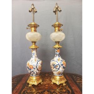 Important Pair Of Gilt Bronze Porcelain Lamps Late 19th Century