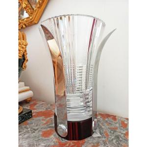 Grd Vase Art Déco En Cristal Taillé, Chrome Et ébène De Macassar
