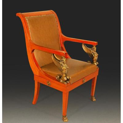 Fauteuil De Bureau "aux Sphinges" Bronze Et Acajou, Modèle De G Jacob