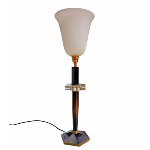 Art Deco Lamp In Patinated Bronze And Crystal Signed Morand Paris