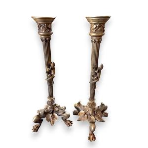 Paire de chandeliers en bronze XIXe aux salamandres