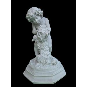 A. Arnaud(1825-1883)Fillette jouant avec un chien