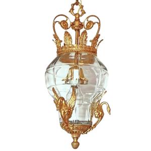 Lanterne à couronne verre taillé & bronze doré