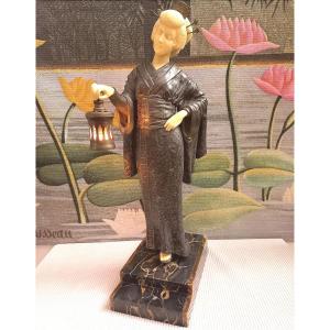 Alonzo Sculpture Art Déco Chryséléphantine Japonaise à La Lumière