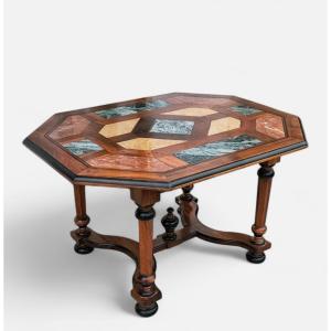 Louis XIV Style Walnut Coffee Table With Marble Marquetry