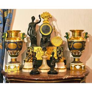 Pair Of Large Empire Vases In Paris Porcelain