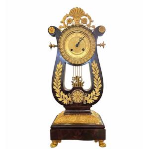 Charles X Lyre Clock, Made Of Mahogany And Gilded Bronze