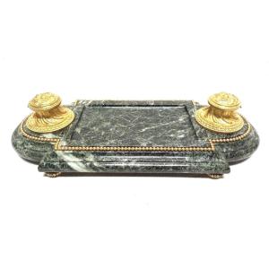 Important Gilded Bronze And Green Marble Inkwell, 19th Century, L 54 Cm