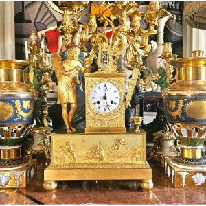 Empire-period Gilded Bronze Clock: Apollo With A Lyre