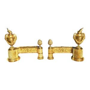 Pair Of Large "faun" Andirons, St. Louis XVI Style, Gilded Bronze—19th Century