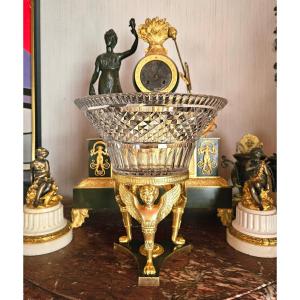 19th-century Empire-style Centerpiece In Crystal And Gilded Bronze