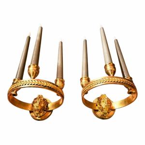 Pair Of 19th-century Empire-style Gilt-bronze Circular Wall Sconces With Lion Heads