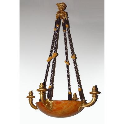 Antique Chandelier In Gilt Bronze And Alabaster