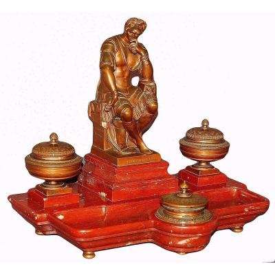 Important Inkwell, After Michelangelo Laurent De Medici, In Bronze And Red Marble