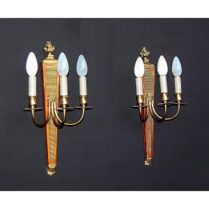 Pair Of Wall Lights In Golden Brass And Mahogany Attr André Arbus