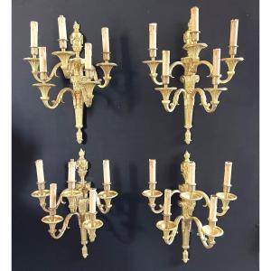 4 Large Wall Lamps With 5 Lights In Gilt Bronze By Lucien Gau Louis XVI