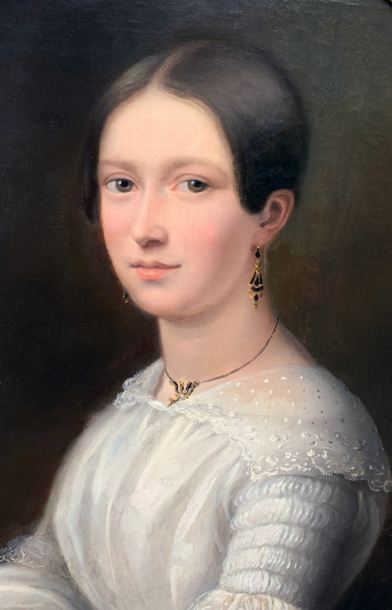 Portrait classique de jeune femme – signé J. Hallez | huile sur toile | présentation ovale-photo-3