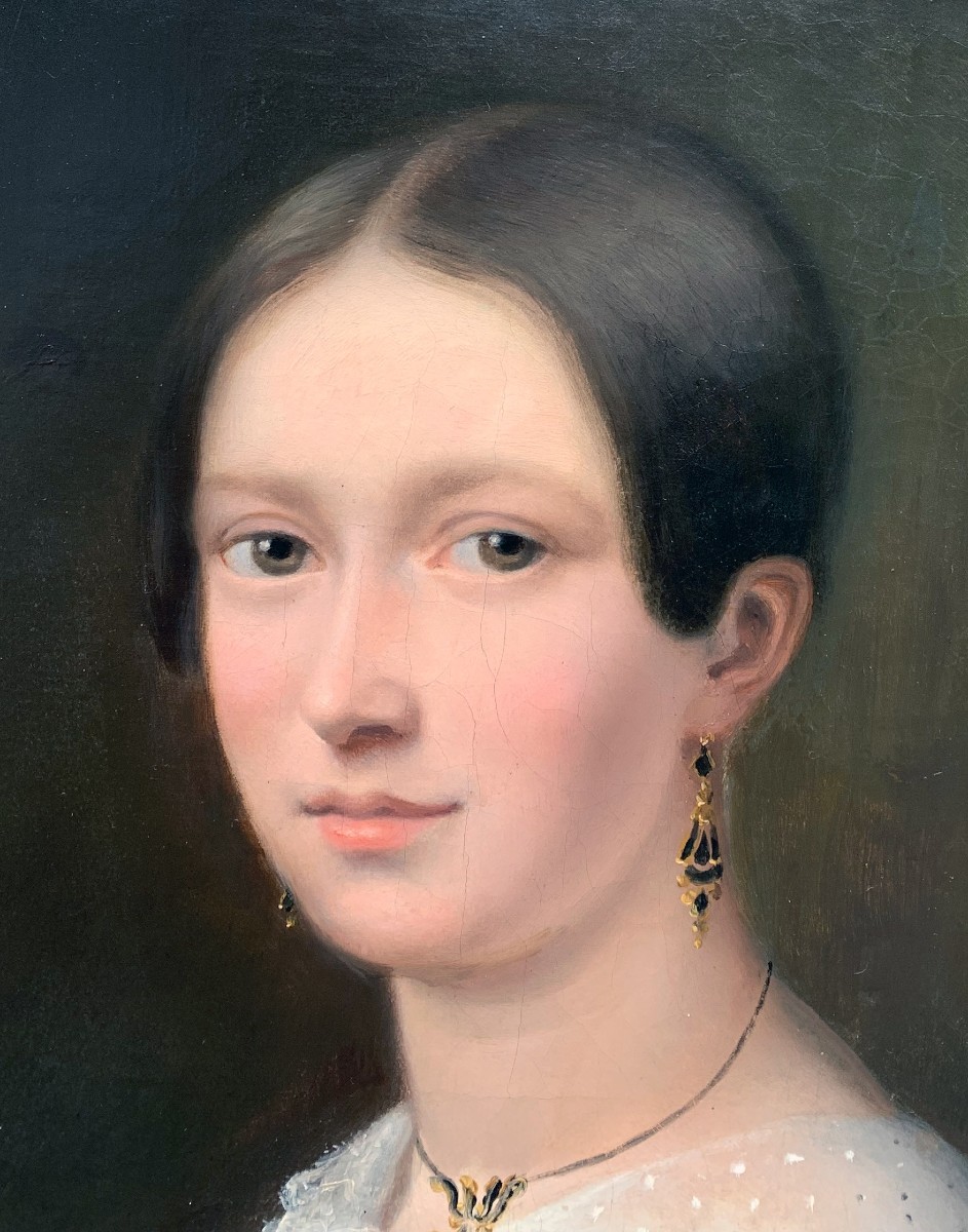 Portrait classique de jeune femme – signé J. Hallez | huile sur toile | présentation ovale-photo-4