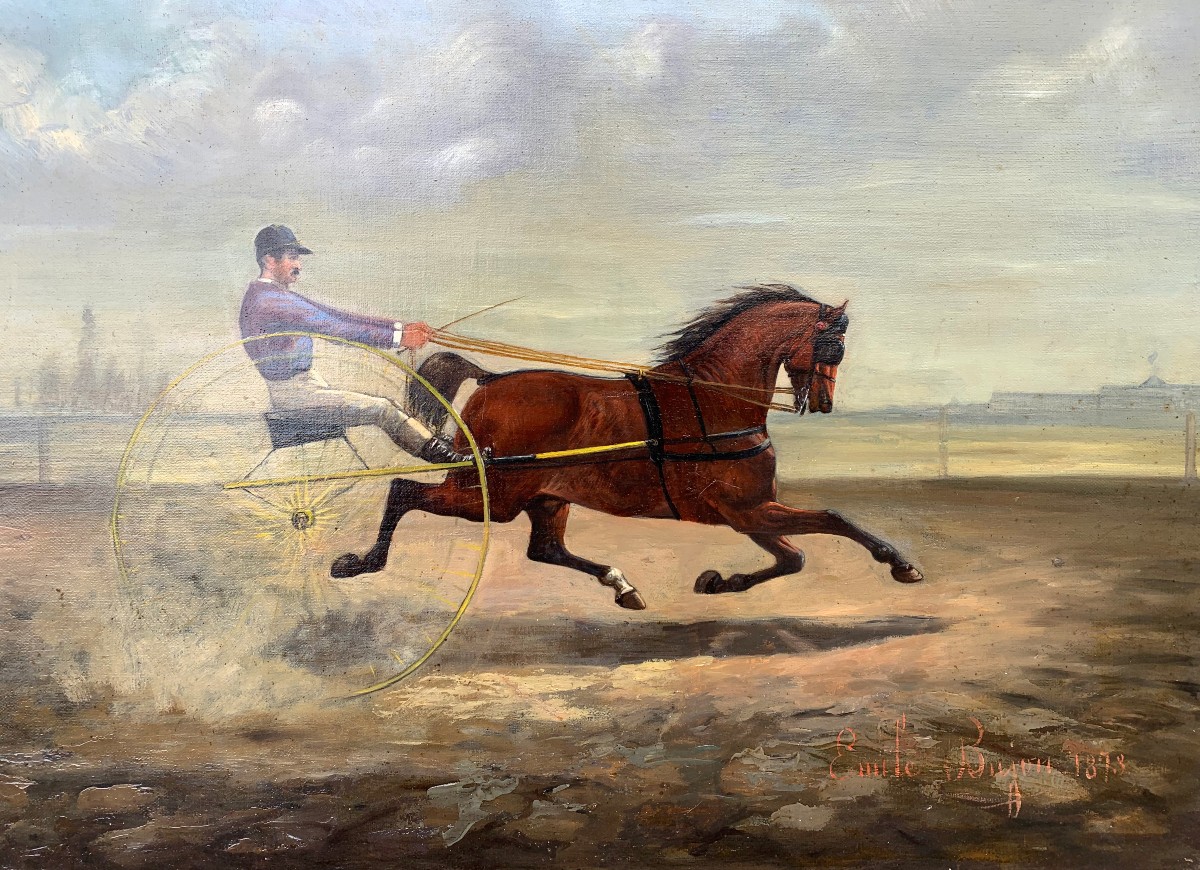 Antique Painting Signed émile Bujon 1873 Equestrian Scene Sulky Carriage-photo-2