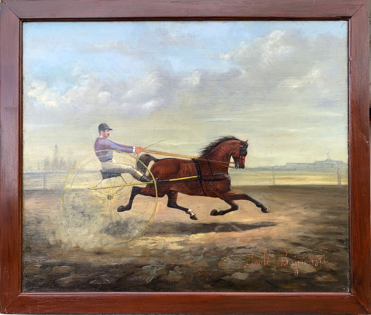 Antique Painting Signed émile Bujon 1873 Equestrian Scene Sulky Carriage